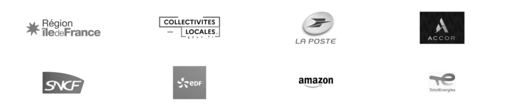Logos d’organisations équipées de la solution : Région Île-de-France, Collectivités locales, La Poste, Accor, SNCF, EDF, Amazon et TotalEnergies